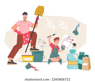 Mother going to clean the nursery, put things in order and clean up after the child who is making a mess in the house, flat vector illustration isolated on white background.