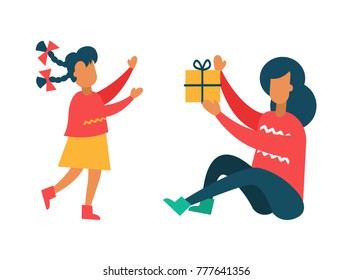 Mother going to give present to her adorable daughter, packed gift box with bow, close family relationships, happy childhood vector illustration