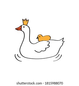 Mother goose in crown swimming with cute little baby gosling on her back. Vector line illustration in cartoon style on isolated white background for icons, logos or cards