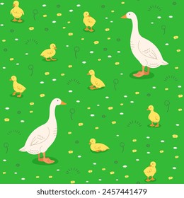 Mother goose with cute little goslings in green meadow. Seamless background pattern. Hand drawn cartoon baby goose in different poses playing in green grass. Wallpaper or textile pattern for kids