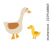 Mother goose with her baby gosling. Cute farm animal characters - mom and her child. Mother Day print for kids. Vector illustration