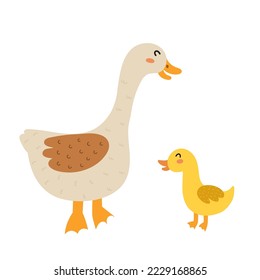 Mother goose with her baby gosling. Cute farm animal characters - mom and her child. Mother Day print for kids. Vector illustration