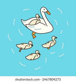 Mother goose with little ducklings swim in lake or pond. White swan with children. Cute duckling sits on mothers back. Agriculture, poultry breeding. Colorful vector illustration hand drawn