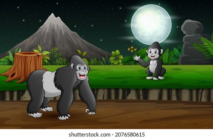 A mother gorilla with her baby in the night landscape