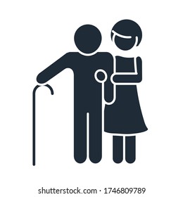 mother and grandfather with walk stick family day, icon in silhouette style vector illustration