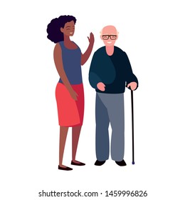 mother and grandfather with walking stick
