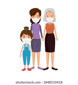 mother with grandmother and daughter using face mask vector illustration design