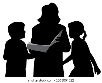 Mother or grandmother is reading a story fairy tale book to kids