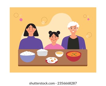 Mother, grandmother and sister sitting at dining table with rice, eggs and curry, after cooking together with family. Character design. Vector flat illustration