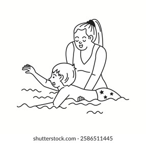 A mother guiding her young child in the water, helping them learn to swim in a simple doodle-style illustration with happy expressions.