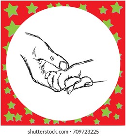 mother hand holding baby tiny hand vector illustration sketch hand drawn with black lines, isolated on white background. 