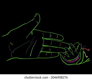 Mother hand touching baby tiny hand Colorful line art sketch on black background, Happy maternity concept of love and family, Hand drawn vector illustration