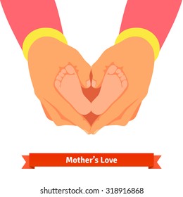 Mother hands holding newborn baby foots in shape of heart. Parents child care and love concept. Flat style vector cartoon illustration isolated on white background.