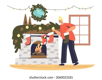 Mother hanging decorated christmas socks on fireplace for xmas presents and gifts preparing for family winter holidays, x-mas eve and new year. Cartoon flat vector illustration
