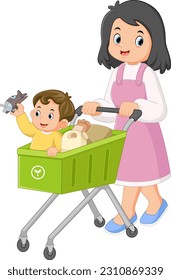 a mother is happily shopping at the supermarket with her son with a shopping cart of illustration