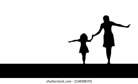 Mother happily walking with her child isolated on white background, Silhouette flat illustration vector.