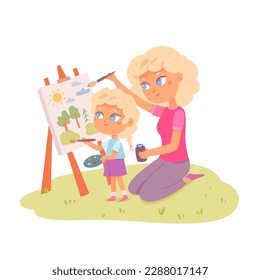 La pintura de la madre y de la hija feliz junto con pinturas vectoriales. Madre de dibujos animados y niño pequeño sujetando paleta y pinceles para dibujar en lienzos de caballete, dibujando a la naturaleza con pincel