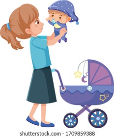 Mother and happy kid on white background illustration