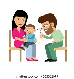 Mother and hard of hearing baby visiting a doctor. Vector illustrations in cartoon style. Doctor checking kid's ears. Concept for hearing loss, deafness, medical care for hearing impaired people.