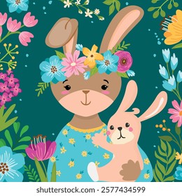 Mother hare and her baby surrounded by flowers. Cartoon card with cute characters and floral composition. Mother's Day vector design for printing on fabric and paper. Spring  flat color illustration.