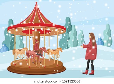 Mother having fun with her son on carnival. Forest on background. Fun christmas fair carnival. Winter holidays vector