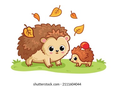 Mutterhedgehog mit Babyhedgehog stehen in einer Kluft zwischen den fallenden Blättern. Vektorgrafik mit Tieren im Cartoon-Stil.
