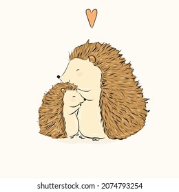 mother hedgehog hugs a little beloved hedgehog