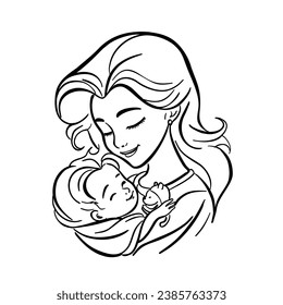 The mother held the child in her arms. Maternity and child care. Vector linear illustration on white background