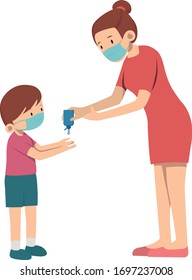 Mother help her son to use hand sanitizer illustration
