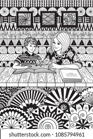 Mother help with her sons studies for card and coloring book page. Vector illustration