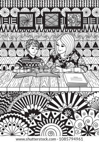 Mother help with her sons studies for card and coloring book page. Vector illustration
