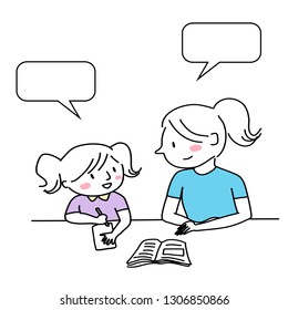 Mother helping child with homework. Mother motivating her daughter to do homework. Mom homeschooling her cheerful kid. Female tutor teaching little girl to do homework. Blank speech bubble included.