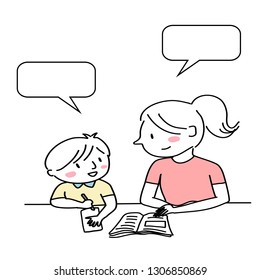 Mother helping child with homework. Mother motivating her little son to do homework. Mom homeschooling her cheerful kid. Female tutor teaching little boy to do homework. Blank speech bubble included.