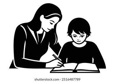 Mother helping child with homework, silhouette vector illustration, family education concept, clipart