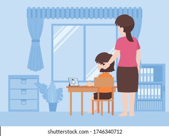 Mother helping daughter doing homework together working, people in new normal life learns lessons distance education at home self learning for prevent coronavirus, Distance Learning concept.