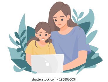 Mother helping daughter study online with laptop concept of online learning, e-learning, education, flat vector illustration