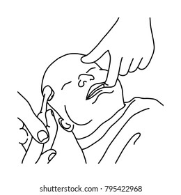 mother helping her baby teeth brushing vector illustration sketch hand drawn with black lines, isolated on white background
