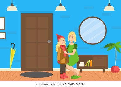 Mother Helping Her Daughter To Get Dressed, Loving Mom And Her Child In Everyday Life At Home Vector Illustration