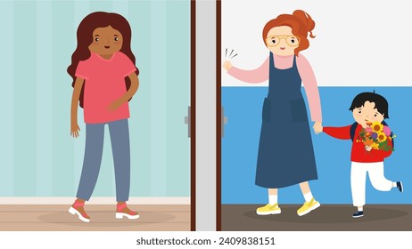 Mother helping her daughter to get out of the door. Vector illustration.