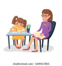 Mother  helping her daughter with homework. Girl doing schoolwork with mom or teacher. Vector illustration. Cartoon flat style.