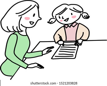 Mother helping her little child with homework. Mother motivating her little daughter to do homework. Cute mom homeschooling her cheerful kid. Female tutor teaching little girl to do homework.