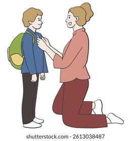 Mother helping her son preparing to go to school
