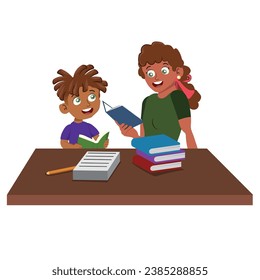 Mother helping her son with studies, teacher helping student, people reading books. Vector illustration