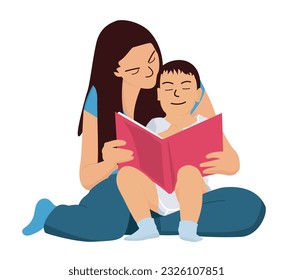 Mother helping her son study, teach and read together, back to school vector flat character drawing