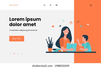 Mother helping kid with study. Book, school, home flat vector illustration. Parenthood and education concept for banner, website design or landing web page