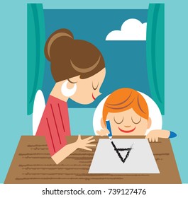 Mother helping son with homework
