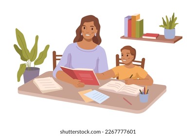 Mother helping son with homework from school. Mom reading with child writing down solution to problem, education and studying. Flat cartoon, vector illustration