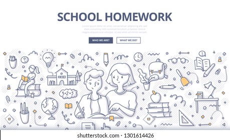 Mother helping son with school homework. Concept of joint efforts between children and their parents in school education. Hand drawn illustration for web banners, hero images, printed materials