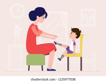 Mother Helping Sun Tie Shoe Laces In The House
