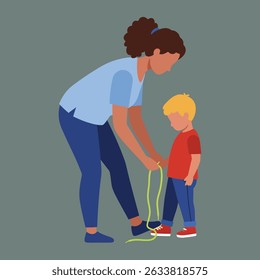 Uma mãe está ajudando uma criança pequena a amarrar seus cadarços. A criança está usando uma camisa vermelha e jeans azul.